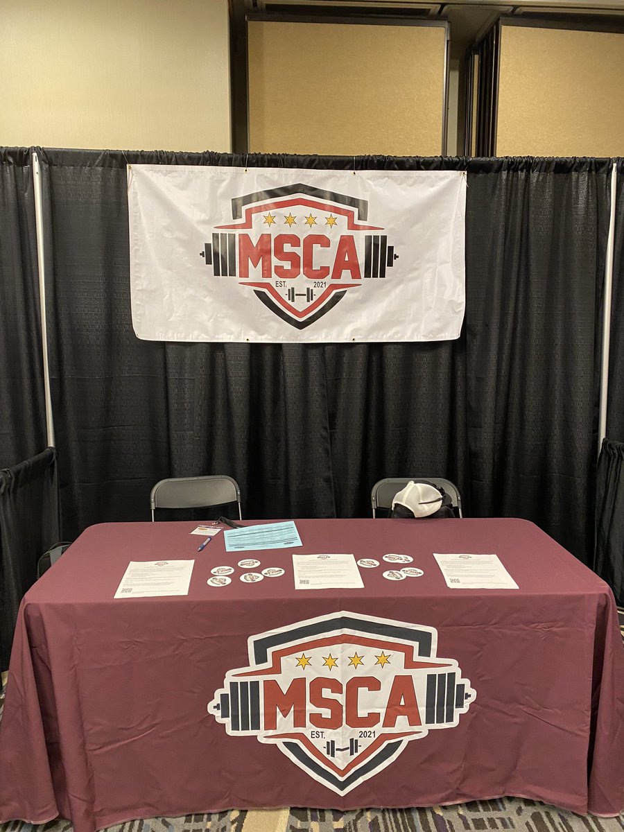 All set up and ready to connect with strength and football coaches at the @mfca_now clinic! Stop by and chat and scan the QR code to help us connect coaches across the state!