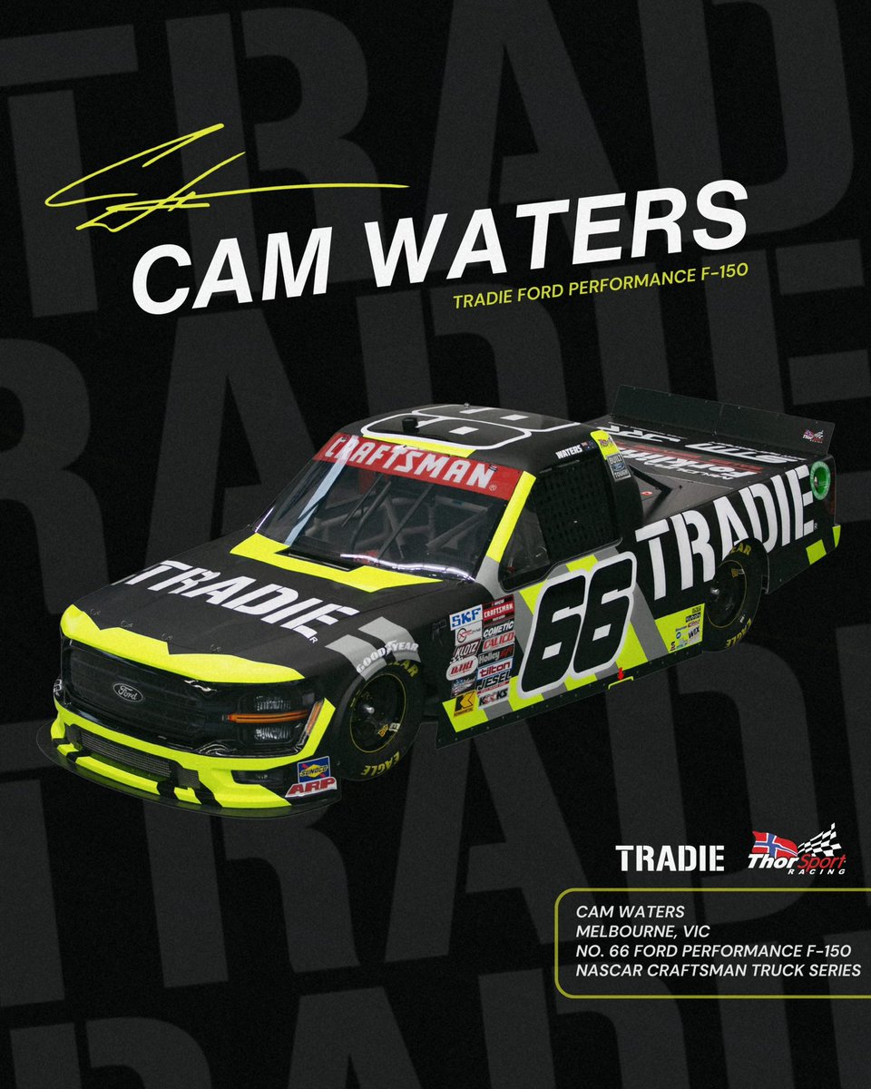 Welcome to the states TRADIE! ThorSport Racing officially announces that Cam Waters will steer the No. 66 TRADIE Ford Performance F-150 at  Martinsville Speedway in the Long John Silver 200! Watch the Long John Silver 200 LIVE tomorrow night on FS1 at 7:30PM ET 📺