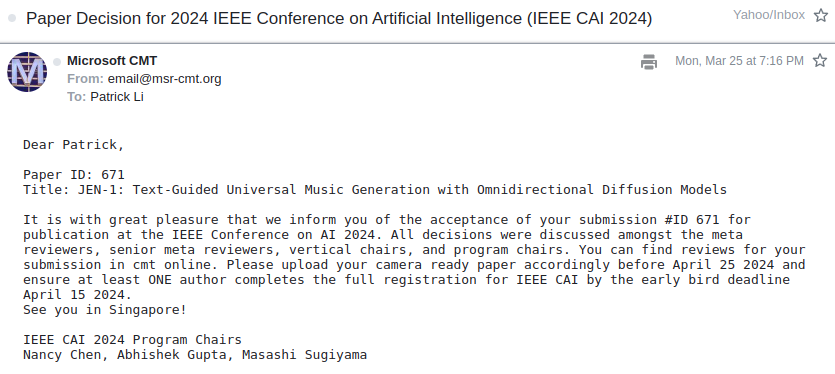 aaronmcdnz's tweet photo. Congratulations to the @jenmusicai research team for having their JEN-1 paper accepted to the IEEE Conference on Artificial Intelligence (IEEE CAI 2024) very strong validation for the teams work.  https://t.co/7fZuALXCqK https://t.co/Wv1rn7Zqac