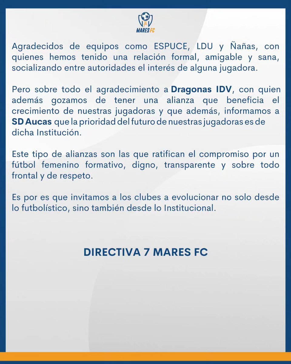 📋 COMUNICADO

🇪🇨 Incentivamos a todos los clubes del fútbol ecuatoriano, profesional y formativo, a mejorar las relaciones institucionales entre los equipos, priorizando siempre la formalidad y la competencia sana.

#7MaresFC
