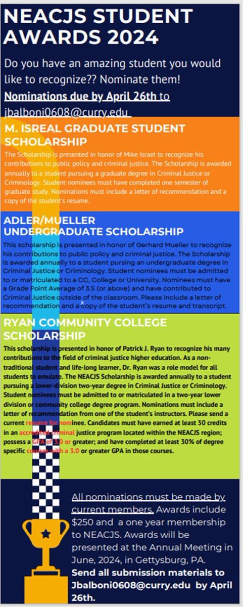 Deadlines are coming up for 2024 NEACJS awards, student papers, and conference registrations. See neacjs.org for more information.