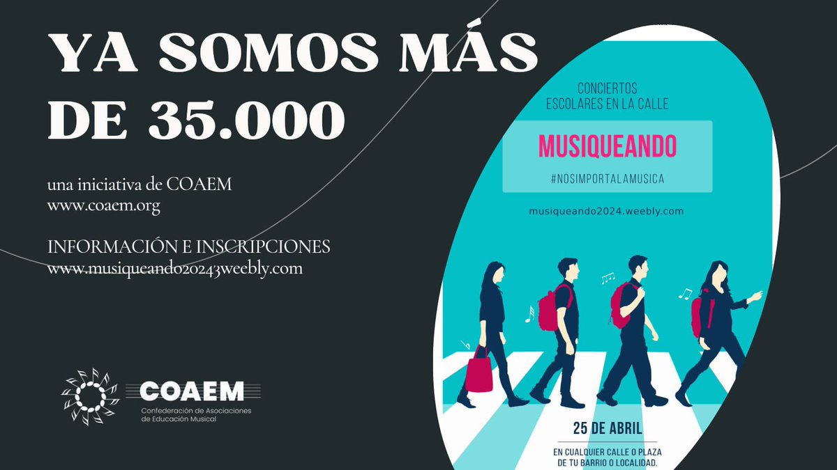 La fecha se acerca, y ya somos más de 35k inscritos para esta edición

Anima a tu centro y a tus compañeros. Colegios, institutos, conservatorios, escuelas de música incluso asociaciones involucradas en la #educaciónmusical ya están inscritas

#Educaconmusica #nosimportalamusica