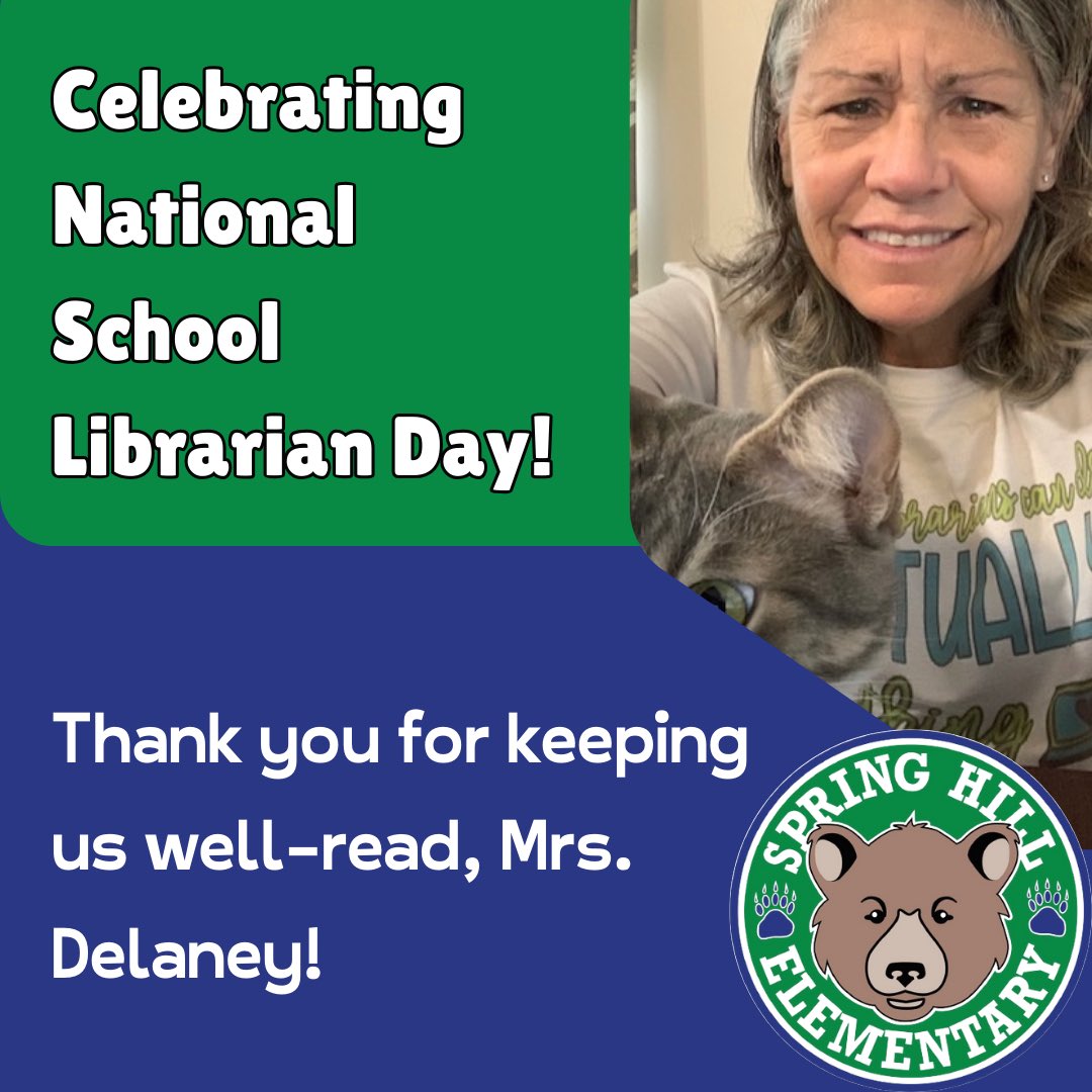 springhillelem's tweet photo. Today is National School Librarian Day! We love Mrs. Delaney, and we are so grateful to her for fostering a love of reading in our Bears. 💚🐻📚💙

#kcsregion5 #BearNation #levelup https://t.co/iHNjxLLfLM