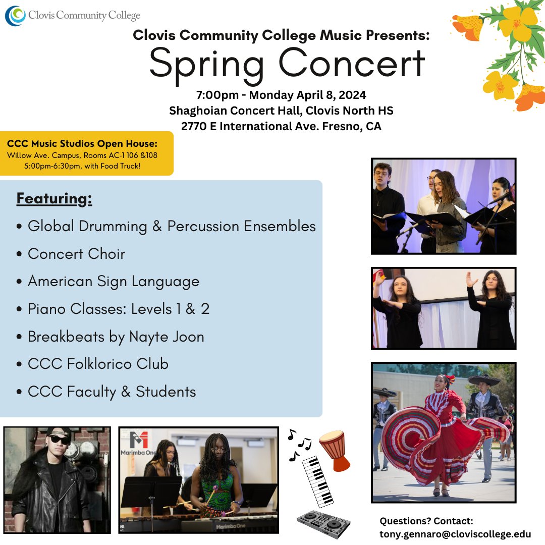 All welcome to enjoy a tour and wonderful music at the #SpringConcert. @scccd @ccc_student_activities @cccwelcomecenter #Music #Tour #ClovisCommunityCollege #GoCrush