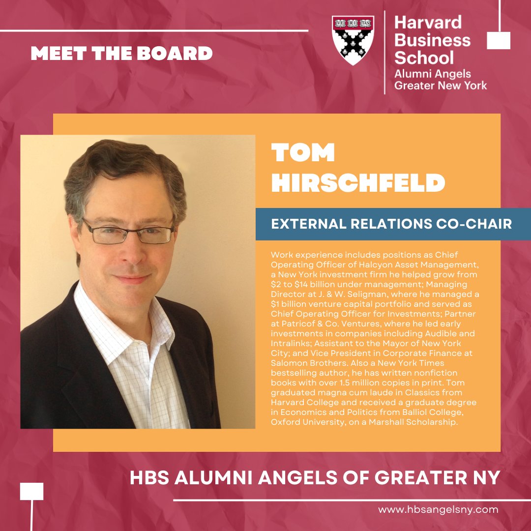 Board Member Spotlight! 🤝 Meet Tom Hirschfeld, External Relations Co-Chair at HBSAANY. Learn more about our Leadership Team: hbsangelsny.com/leadership