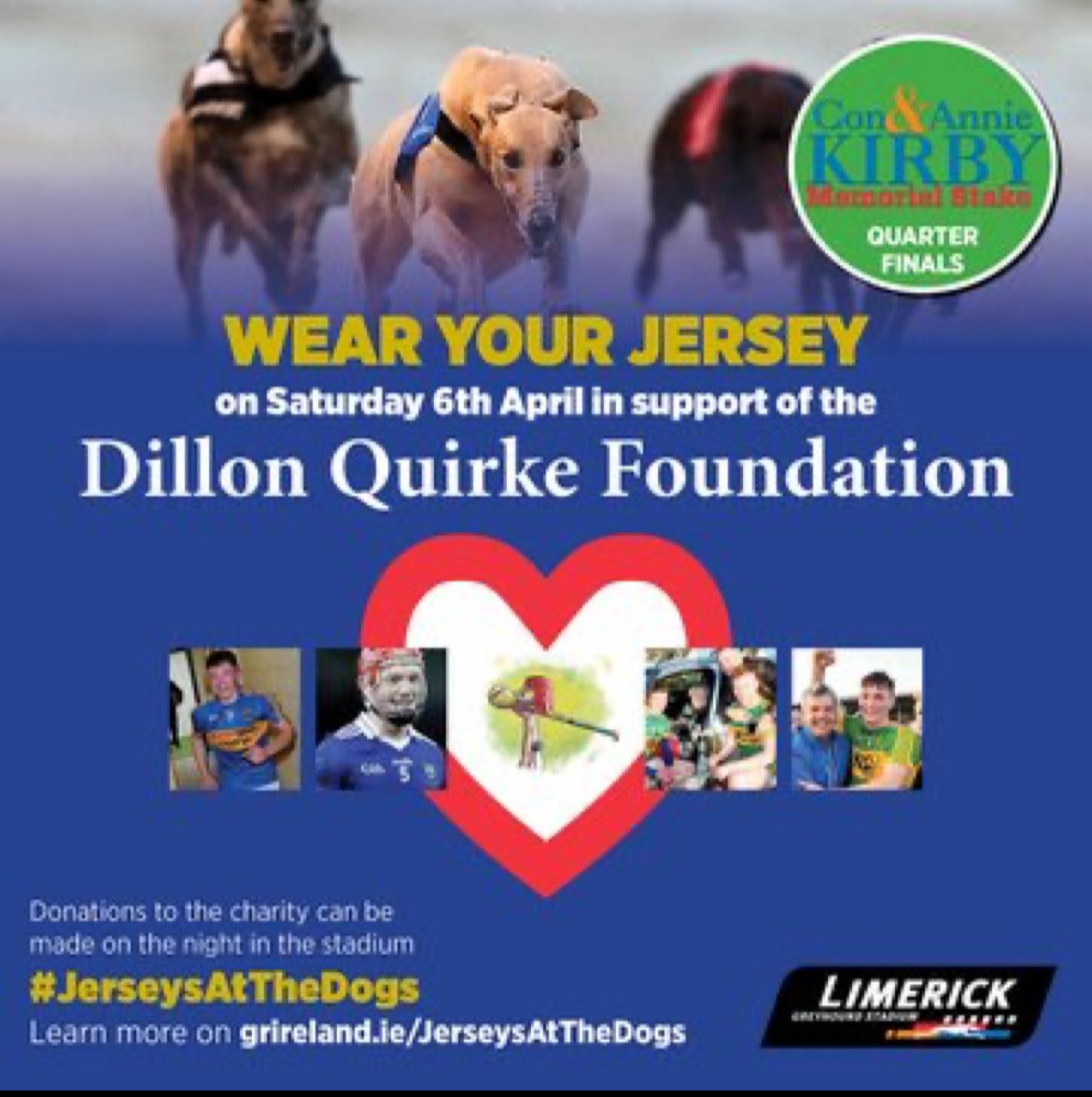 Show your support by wearing your jersey to our ‘Jerseys At The Dogs’ night & donating in aid of the 'Dillon Quirke Foundation' on Saturday 6th of April at Limerick Greyhound Stadium!👕 Learn more on grireland.ie/JerseysAtTheDo… #GoGreyhoundRacing #ThisRunsDeep #JerseysAtTheDogs