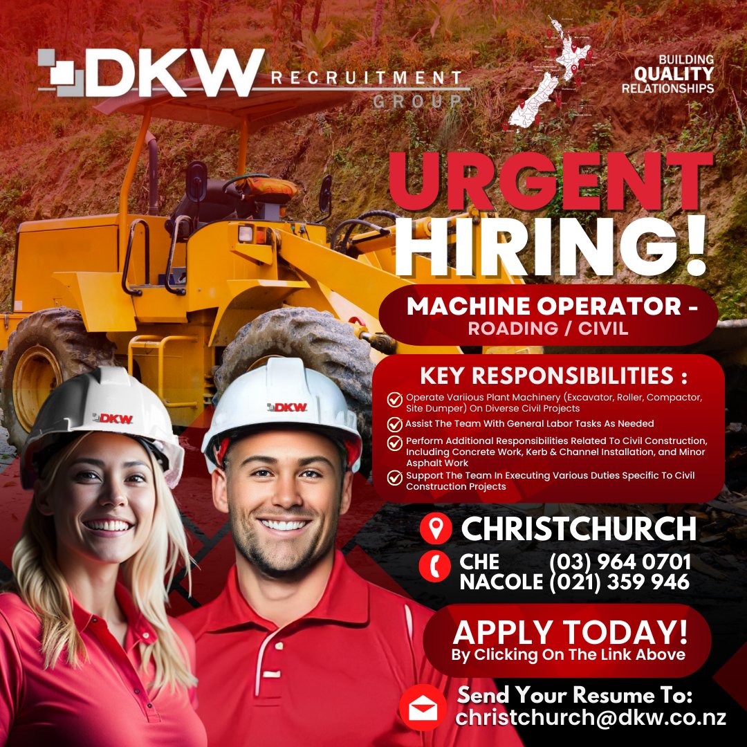 DKW_Recruitment's tweet image. IMMEDIATE POSITION FOR MACHINE OPERATOR IN CHRISTCHURCH! CLICK THE LINK TO APPLY: adr.to/z5ptwai

Call the following consultants below :
📞 CHE (03) 964 0701
📞 NACOLE (021) 359 946
or 📧christchurch@dkw.co.nz

#machineoperator #christchurchnz #UrgentHiring #hiringnow