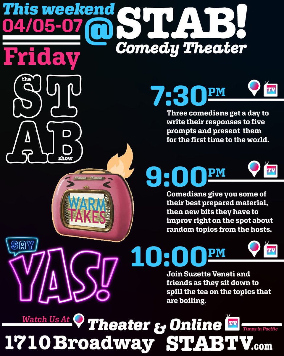 stabcomedy's tweet image. Here's the correct times for this weekend! 
Full details on our website, STABComedyTheater.com