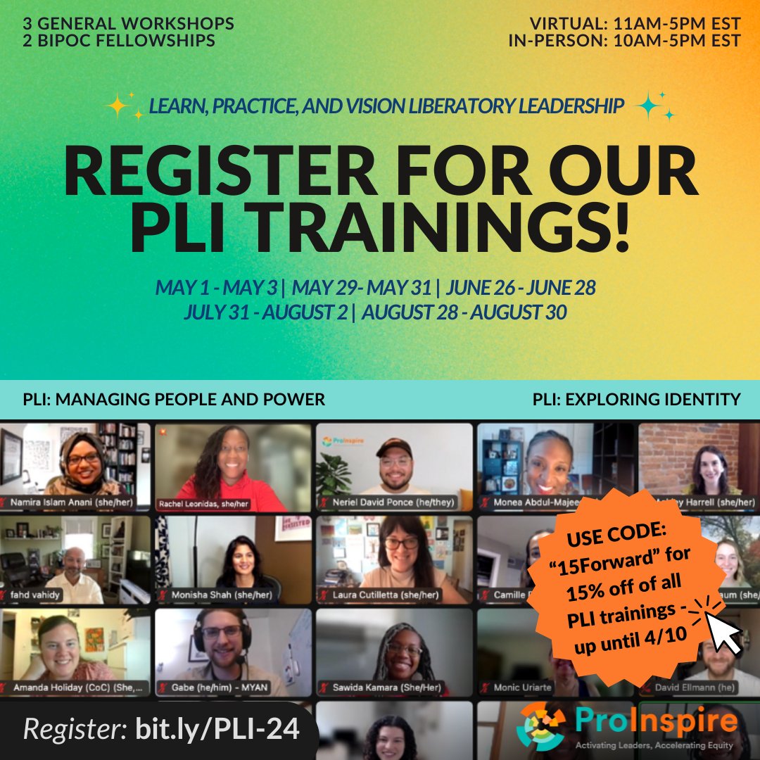 Calling all leaders who are looking to explore power, positional authority, identity, and how this impacts your management style! In celebration of our 15th anniversary, we're offering 15% off of all PLI trainings with code: 15Forward (only through 4/10): bit.ly/PLI-24