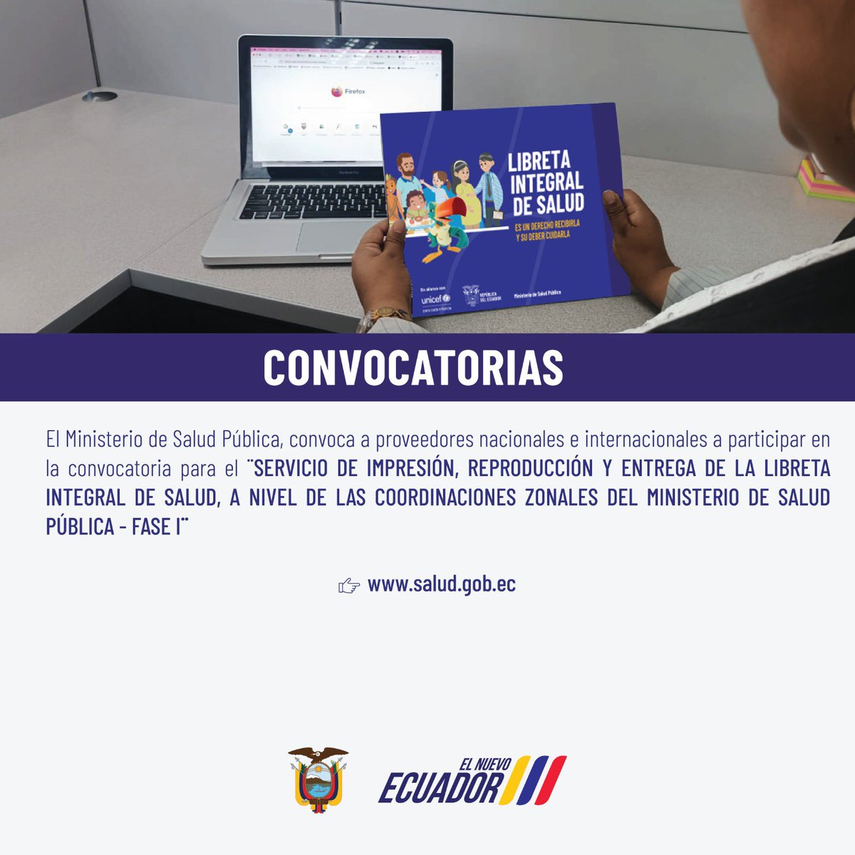 Salud_Ec's tweet photo. 📣#Convocatoria | Participa en el proceso “SERVICIO DE IMPRESIÓN, REPRODUCCIÓN Y ENTREGA DE LA LIBRETA INTEGRAL DE SALUD, A NIVEL DE LAS COORDINACIONES ZONALES DE @Salud_Ec - Fase 1”.

Conoce cómo 🌐➡️: https://t.co/zW5gvR3CL9 https://t.co/DFjvfU6tGS