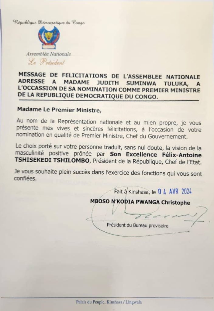 04.04.2024 | Le Message de Félicitations de l'Assemblée Nationale adressé à madame JUDITH SUMINWA TULUKA, à l'occasion de sa nomination comme Premier Ministre de la République Démocratique du Congo 🇨🇩 | #CellCom