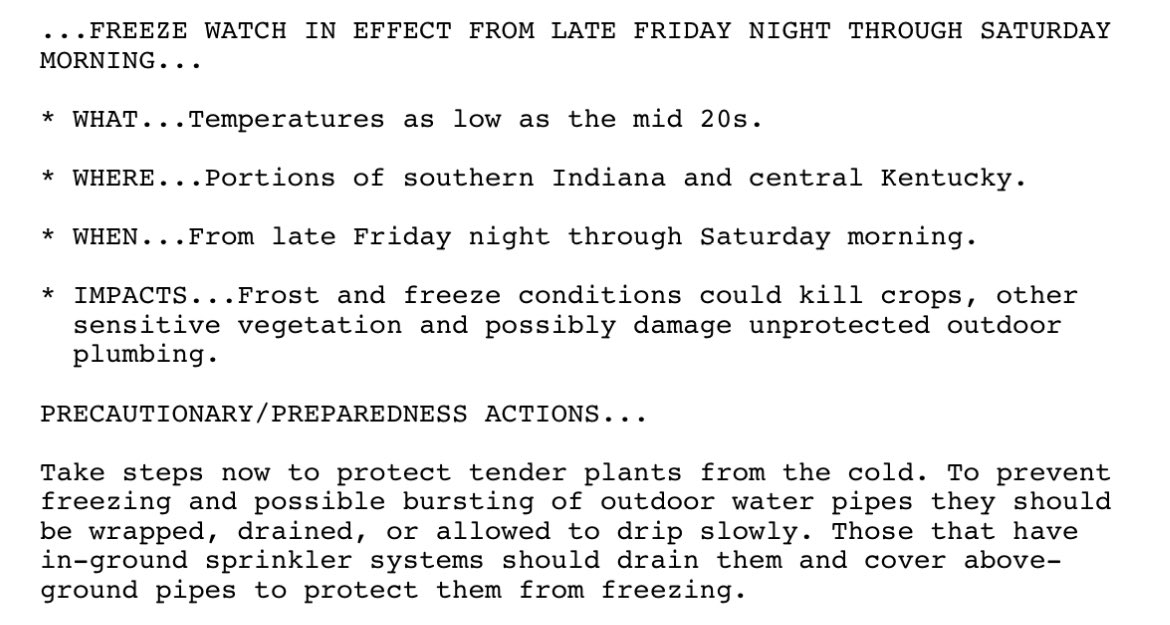 ⚠️ Heads up, Hilltoppers! The National Weather Service in Louisville has issued a Freeze Watch beginning 1:00 AM and ending 9:00 AM on Saturday, April 6th due to subfreezing temperatures forecast for our area. Prepare now by covering sensitive plants and protecting outdoor pipes!