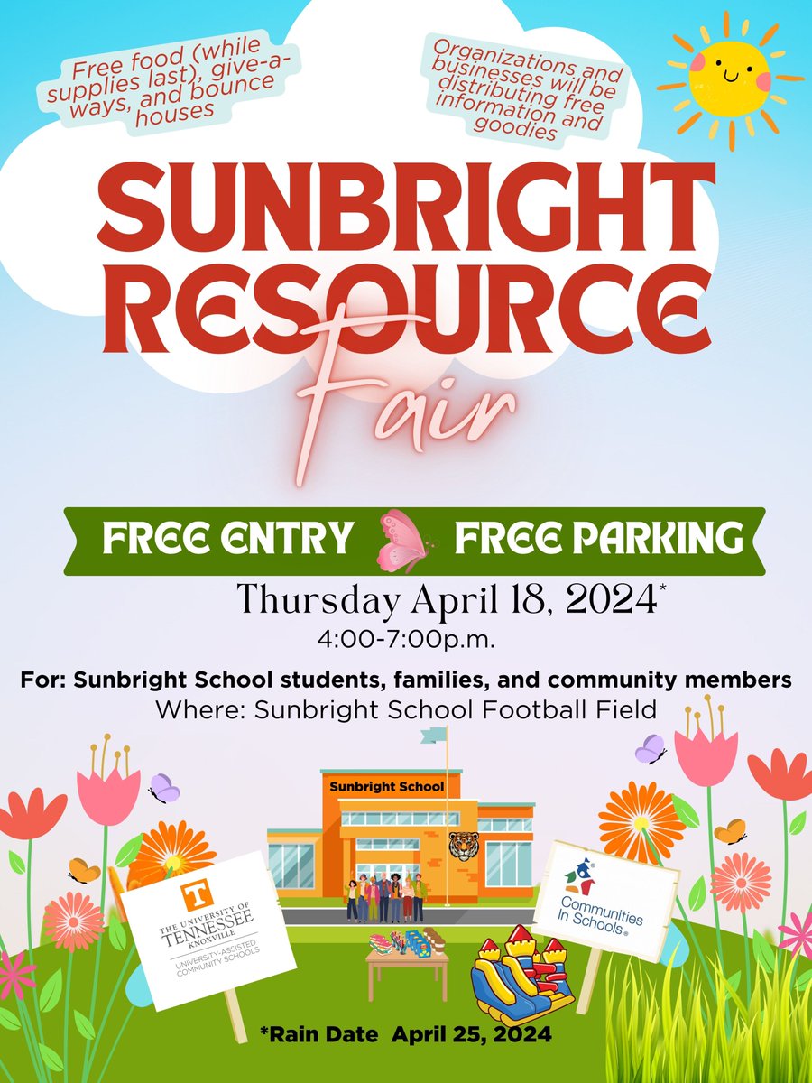 Mark your Calendar Sunbright School is hosting the Sunbright Resource Fair Thursday April 18th from
 4-7pm on the Sunbright School Football Field. 🎪🤹‍♀️🎨🎡🍧🍕
#utkuacs #uacssunbright #uacspondgap #utknoxville #CommunitySchools