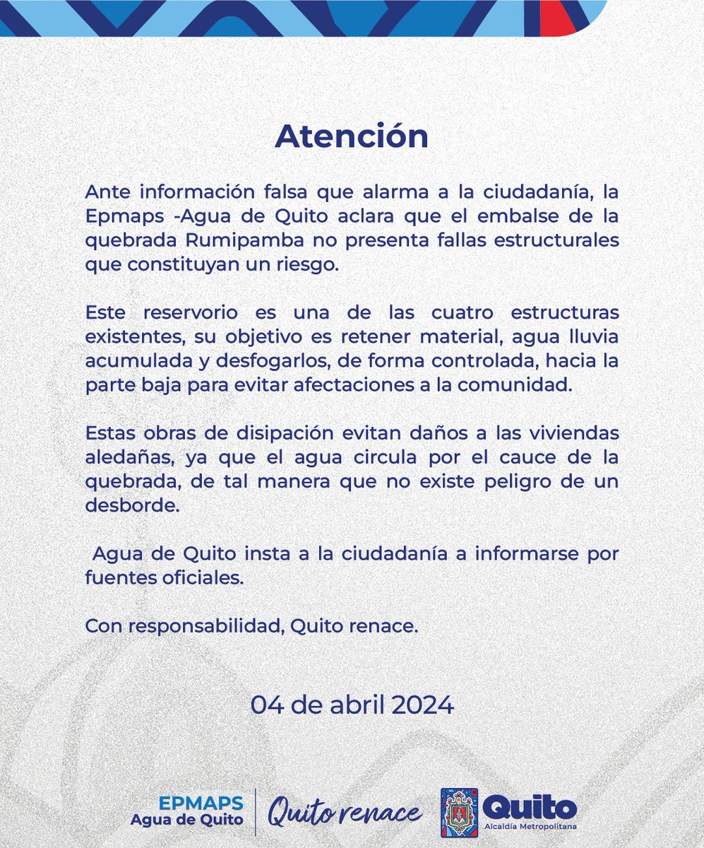 📄 #Comunicado | Ante la información falsa sobre el embalse de la quebrada Rumipamba, aclaramos. #QuitoRenace @MunicipioQuito @ambientequito