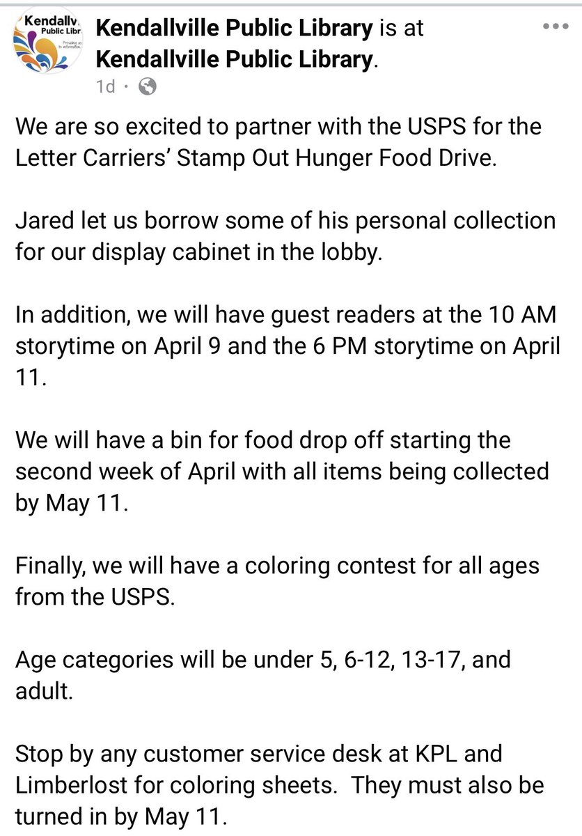 A big thank you to the Kendallville Public Library and their support of the @NALC_National’s #StampOutHunger Food Drive. We’ll be there for Story Time on Tuesday April 9th and the 11th.