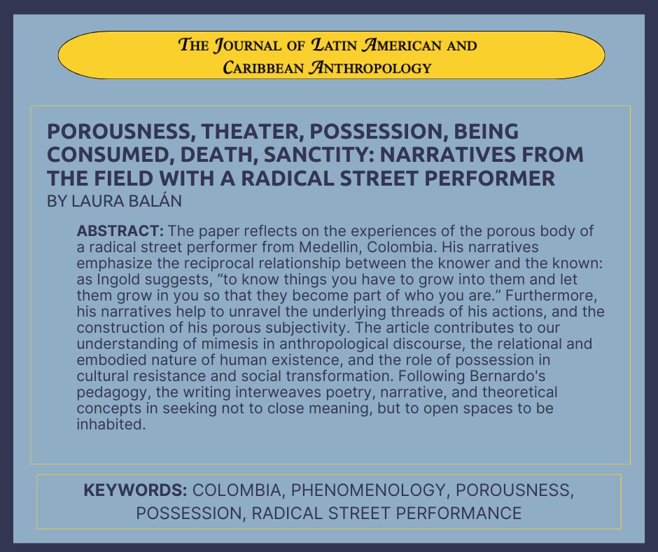 🎉OUT NOW 🎉 ➡️ Laura Balán on the porous body of a radical street performer in Medellin, Colombia. Read here ⬇️ doi.org/10.1111/jlca.1…