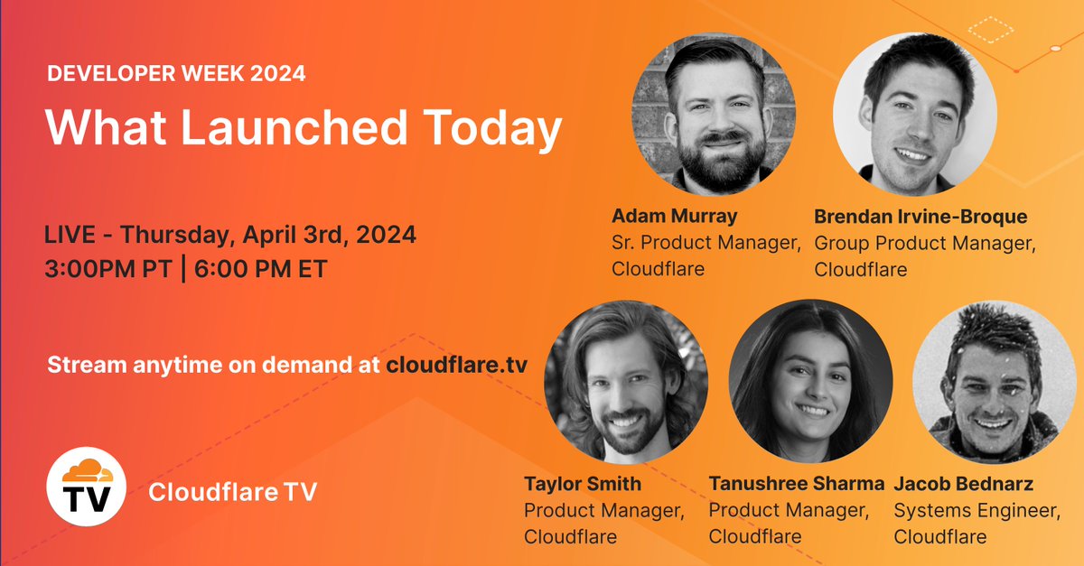 In 15 mins: #DeveloperWeek continues as we dig into new tools for production safety including Gradual Deployments, Rate Limiting, and API SDKs. Plus exciting announcements for Cloudflare Calls, Stream, and Images — and Pages gets monorepo support! Tune in: cloudflare.tv/shows/develope……
