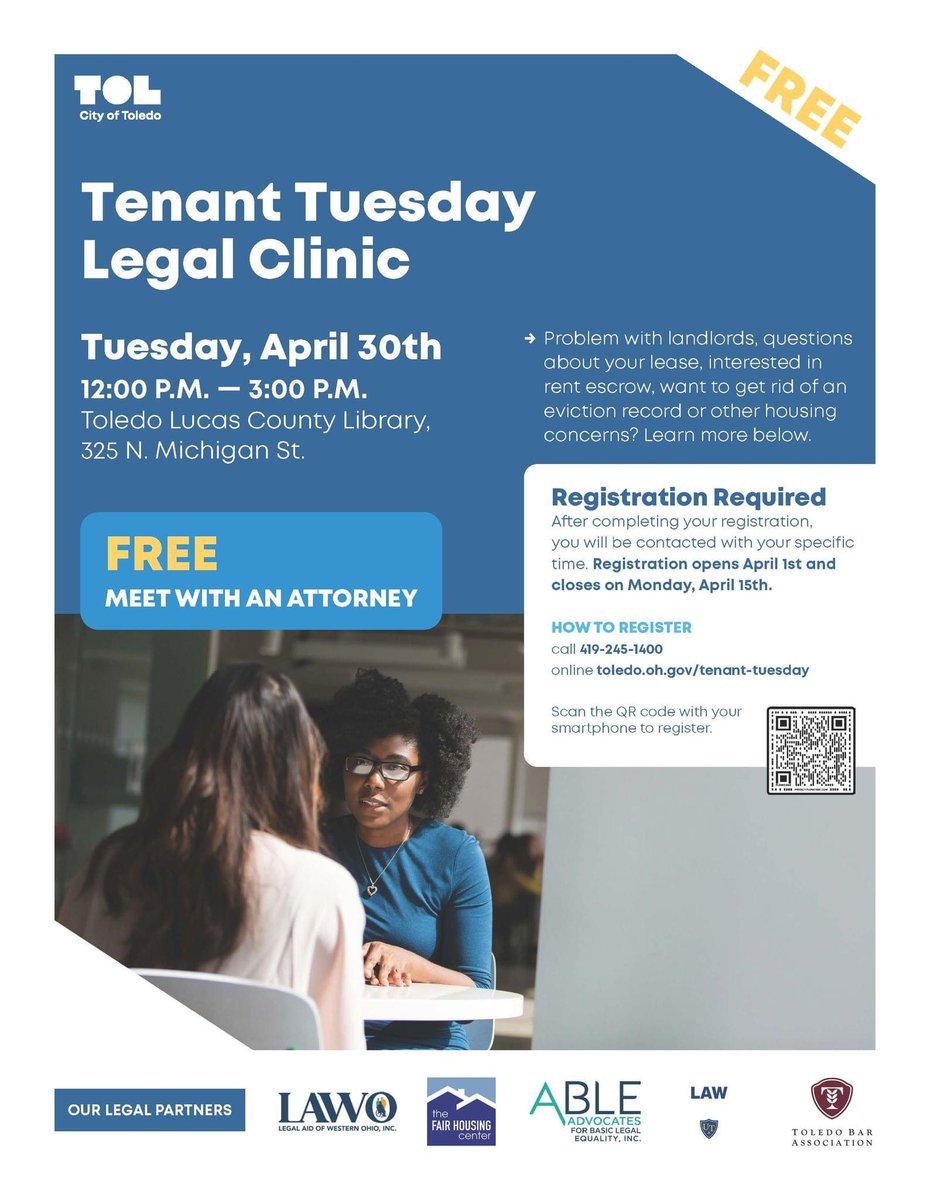 Another Tenant Tuesday legal clinic with the City of Toledo and other community partners is just around the corner. Registration is required!

📅 April 30
⏰ 12-3 p.m.
📍 Toledo-Lucas County Main Library
🚨 Register by calling 419-245-1400 or visiting toledo.oh.gov/events/tenant-…