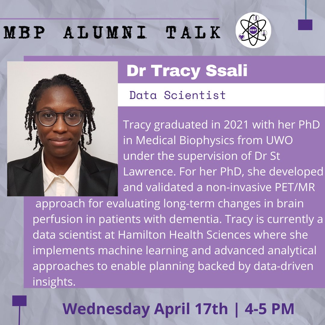 MBP_GSA's tweet image. MBP ALUMNI TALK
You're invited to join us on April 17th at 4 pm for a Zoom talk by our Alumna, Dr. Tracy Ssali @tkssali. Tracy, a former PhD trainee in MBP, will share her experience as a data scientist at Hamilton Health Sciences.
Zoom link: westernuniversity.zoom.us/j/94255689662