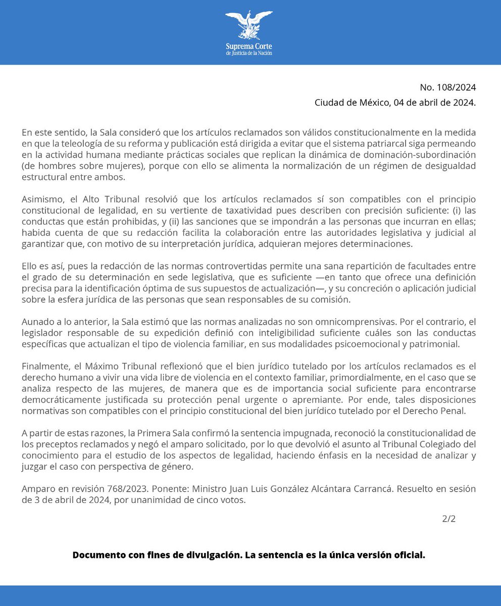 En la Ciudad de México, los artículos que prevén como delito de violencia familiar aquella de tipo psicoemocional y patrimonial, son constitucionales: #PrimeraSalaSCJN bit.ly/4cJdQAi