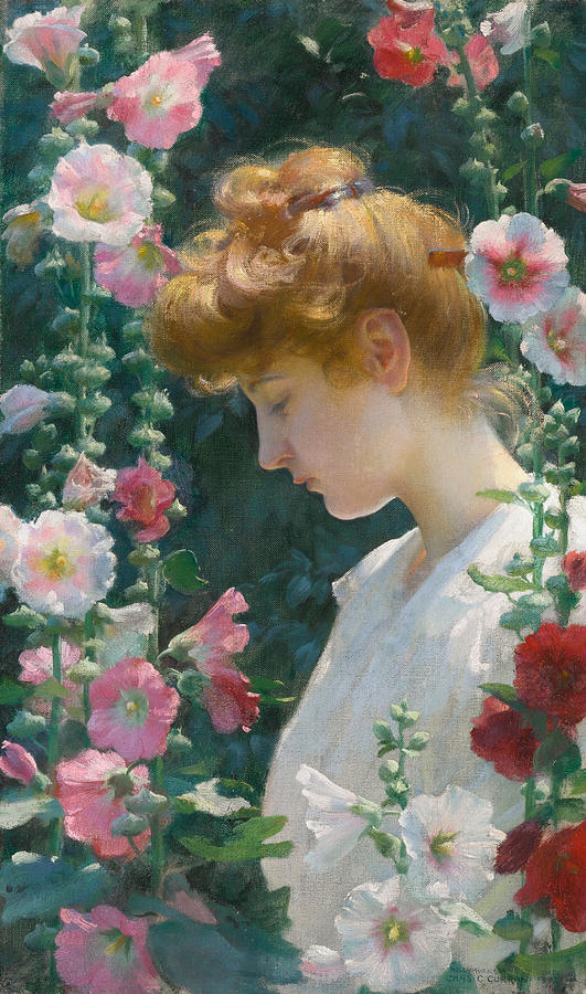 Painting at Bedtime.
Hollyhocks and Sunlight.
Charles Courtney Curran.

Curran was an American Impressionist painter and many of his paintings showed young women in various outdoor colourful scenes, something which apparently did not always endear him to the critics of his day.