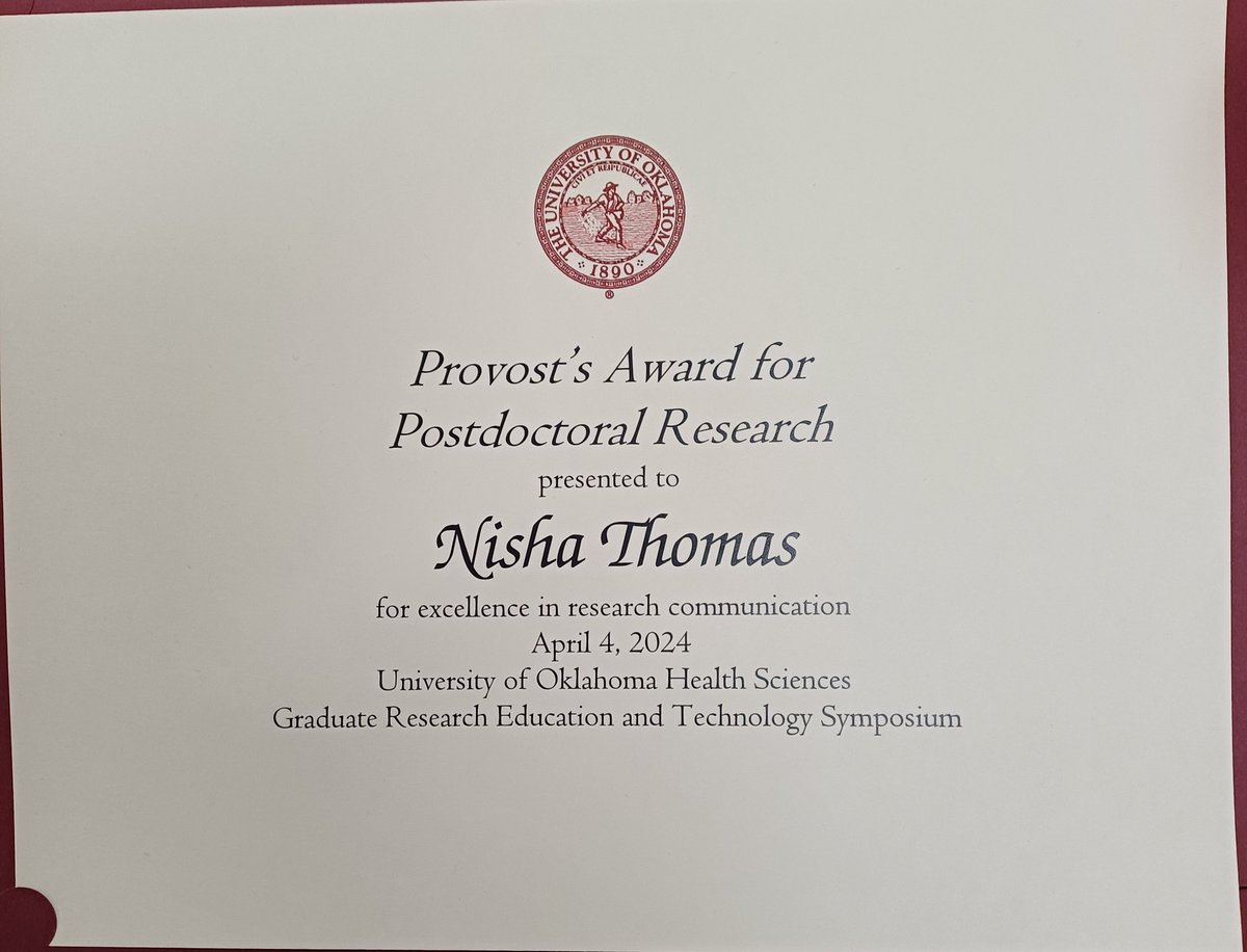 Liz Wellberg (@lwellberg) on Twitter photo I'm BEYOND proud to share that Nisha won an award this week from the Provost during our annual GREAT symposium. She continues to be an outstanding scientist and scholar. Congratulations Dr. Thomas! #proudPI #AcademicChatter <a href="/OUHSC_Grad/">OUHSC Grad College</a> I'm BEYOND proud to share that Nisha won an award this week from the Provost during our annual GREAT symposium. She continues to be an outstanding scientist and scholar. Congratulations Dr. Thomas! #proudPI #AcademicChatter <a href="/OUHSC_Grad/">OUHSC Grad College</a>