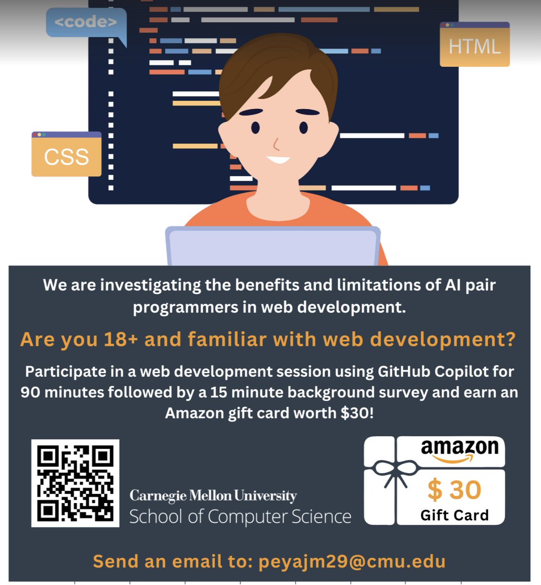 we're doing a study on AI pair programming at @cmuhcii -- if you're interested in participating, please DM @peyajm29