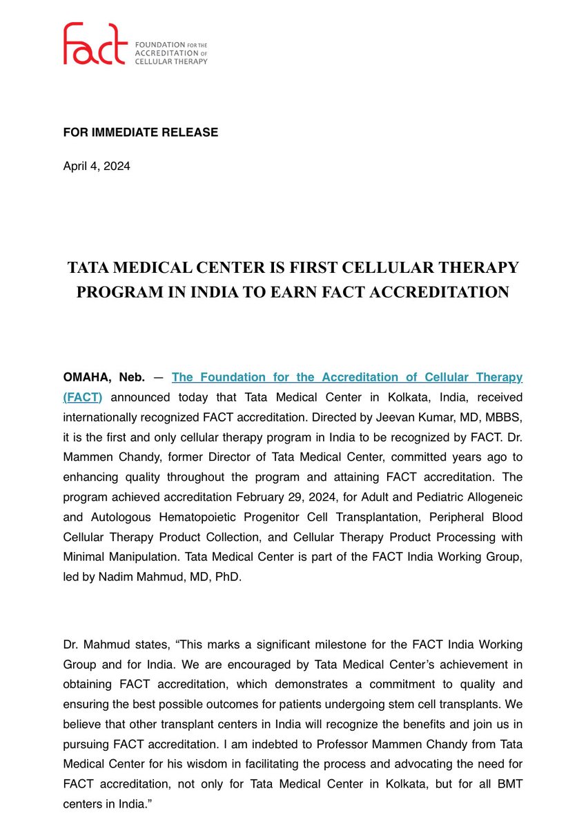 First Indian BMT program accredited by #FACT ! Congrats to ⁦#TataMedicalCenter in Kolkata BMT team. 🙏 ⁦@Nadim_M_Chicago⁩ for supporting international accreditation in LMIC ⁦@APBMT_BCT⁩ ⁦@ASTCT⁩