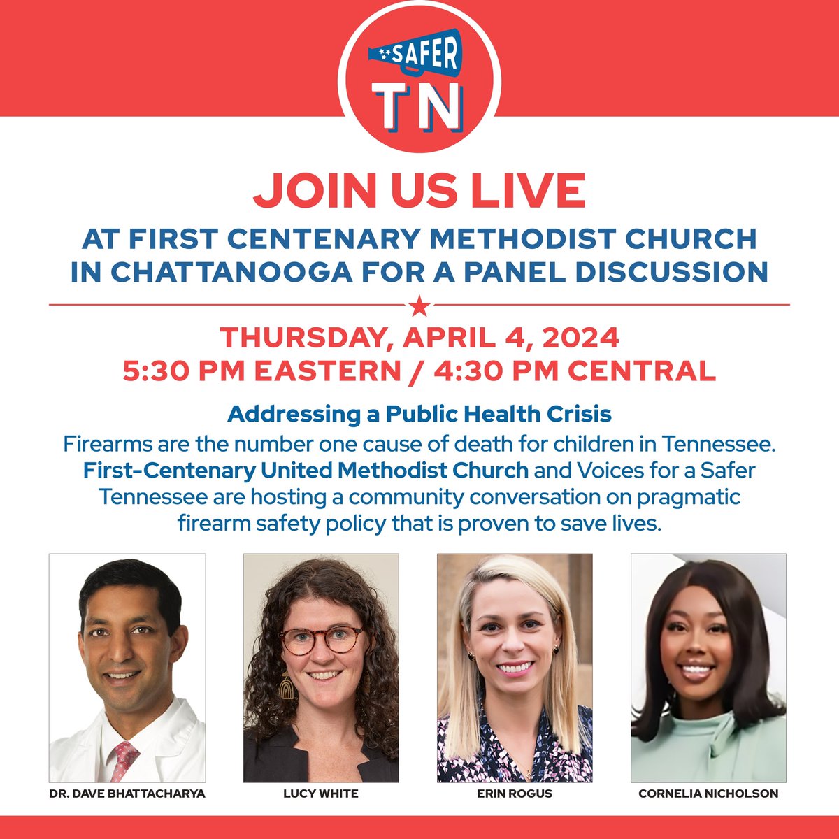 WATCH LIVE NOW: safertn.org/livestream/ Join us in Chattanooga at First-Centenary United Methodist Church. w/ panelists Dr. Dave Bhattacharya, Lucy White , & Erin Rogus, & moderator Cornelia Nicholson.