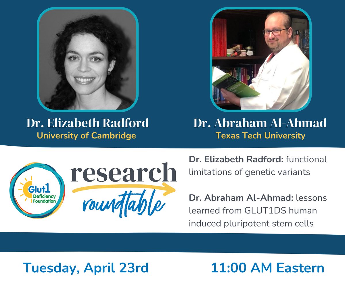 Join our spring Research Roundtable to hear about Dr. Elizabeth Radford's work to better understand the functional impacts of genetic variants and insights on a project from Dr. Abraham Al-Ahmad to model GLUT1 at the blood brain barrier.

Learn more: g1dfoundation.org/events/researc…