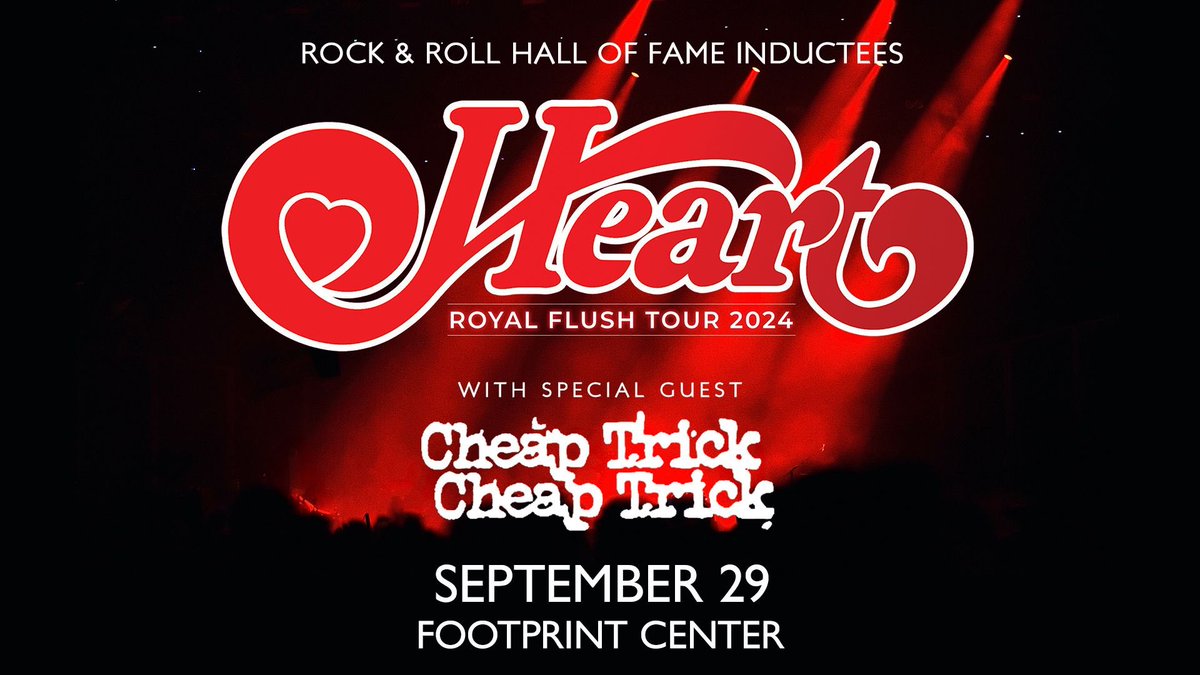 🎸 Exciting News Alert! 🎸 Rock out with us at the Royal Flush Tour ft. Heart & Cheap Trick! 🤘 Sept 29th, Footprint Center! 🎟️ Presale TODAY ONLY, 7am-7pm, code: CRAZY. Don't miss out! 🎉👉 ticketmaster.com/event/1900606C… Let's rock! 🎶 #RoyalFlushTour #Heart #CheapTrick