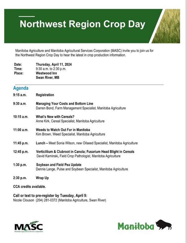 Join @MBGovAg in Swan River on Thursday April 11th for Northwest Region Crop Day! #MBAg #WestCdnAg