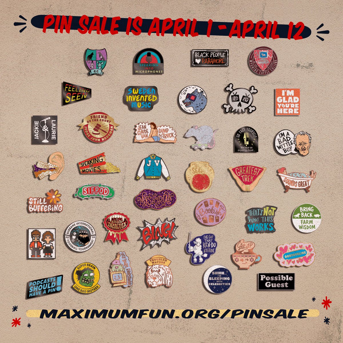 Our pin sale is going on RIGHT NOW! All $10+ members can buy any of the show pins, and all members can buy our network pin. Proceeds go to @VoteRiders! Get your pins here: maximumfun.org/pinsale