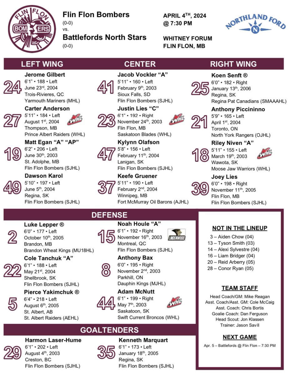FFBombers's tweet photo. The lineup tonight for Game 1 vs. Battlefords! 📋🏒

Powered by Northland Ford - Flin Flon

#SJHL #FlinFlonBombers https://t.co/C07JsHqZJP