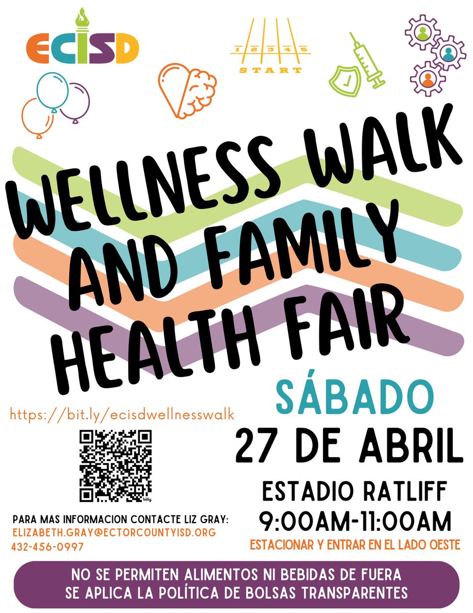 Mark your calendars! After visiting the @EFOdessa and @ECISD_EarlyEd Bookworms Literacy Festival, join us at Ratliff for a Wellness Walk and Family Health Fair! For more information go to bit.ly/ecisdwellnessw… #ECISDSEL