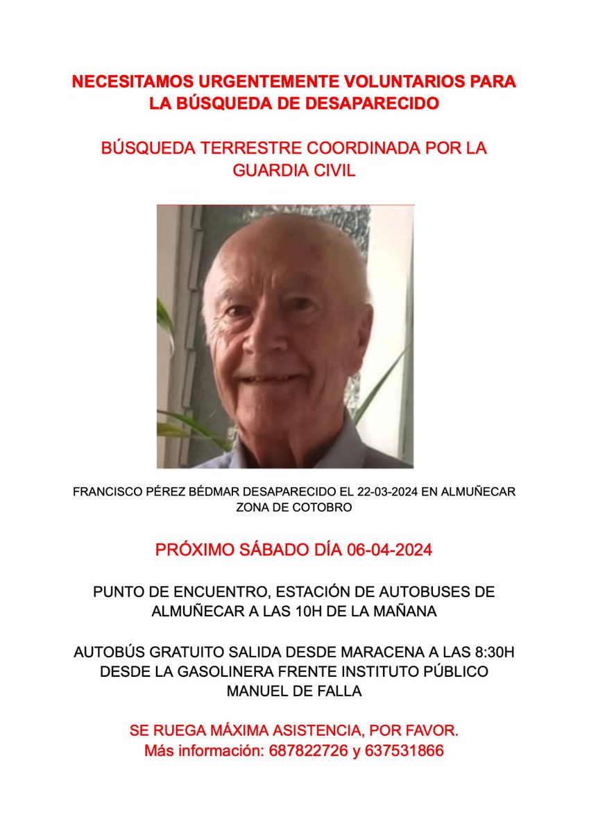 Angelaperezt_'s tweet photo. Estamos organizando una búsqueda por tierra este sábado 6 de abril. Quien quiera colaborar puede unirse a este enlace: https://t.co/zyrrA5ELXb

#franciscoperezbedmar https://t.co/goTjuGuz3i
