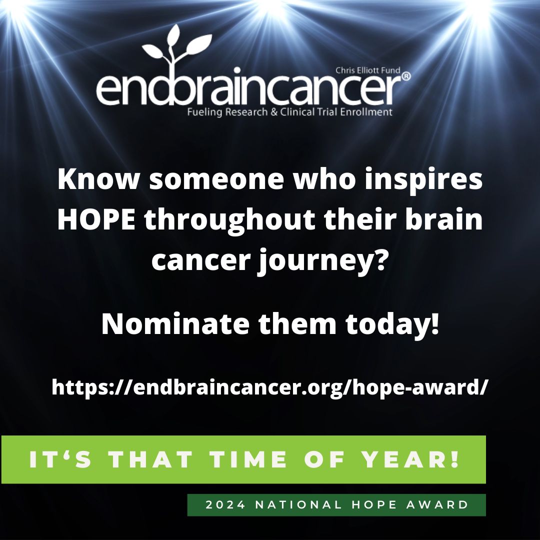 Each May, for the past 11 years, the EndBrainCancer Initiative, in Partnership with Novocure, has presented the HOPE award to many brain cancer patients who deeply inspire us with their courage and story. Submit your 2024 nomination at: ecs.page.link/GBBe8 #HOPEaward #EBCI