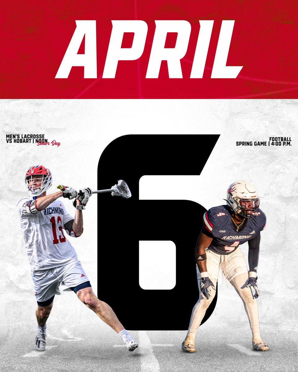 Spider fans, this Saturday, Apr. 6th, will be a doubleheader weekend! 🥍🕷️🏈 @spidermlax takes on Hobart College at noon in Robins Stadium for Senior Day! Gates open at 11am! @spiders_fb will have its annual Spring game at 4pm in Robins Stadium! Gates open at 3pm! #OneRichmond