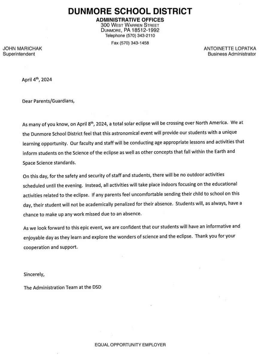 An announcement regarding the Solar Eclipse: