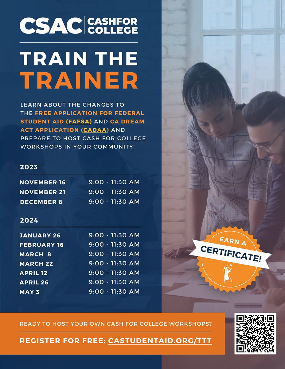 Join us for our upcoming free Train the Trainer webinars and learn how you can host Cash for College workshops and webinars in your community. Earn a certificate and get ready to host your own workshops in this important financial aid cycle. #HigherEd #HighSchoolCounselors