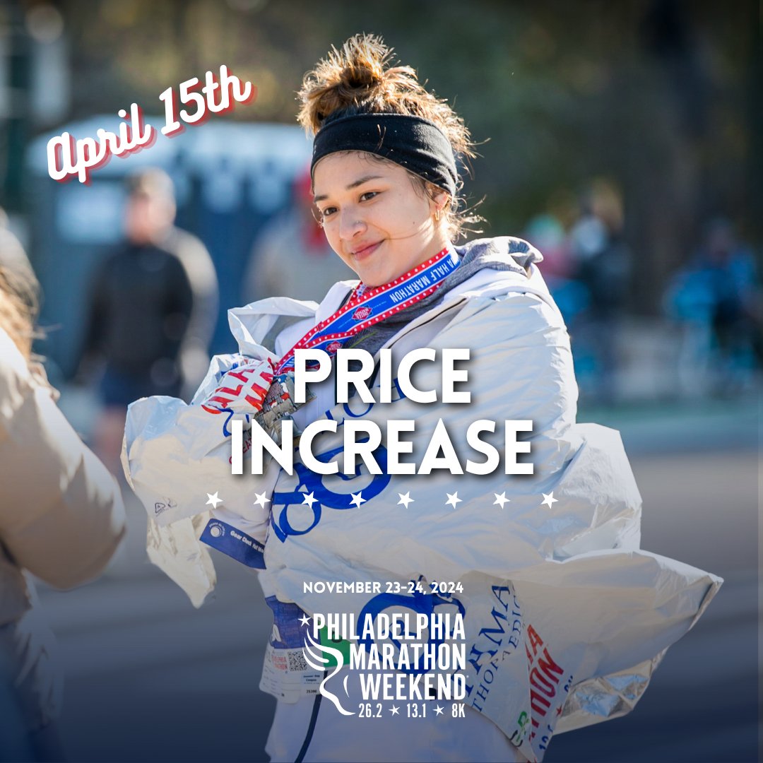 ⏰ Price increase alert for the Philadelphia Marathon Weekend on April 15th! Lock in the best price TODAY for the Rothman Ortho 8k, D&W Philadelphia Half Marathon, or the AACR Philadelphia Marathon. 🎉 Register now: raceroster.com/events/2024/82…