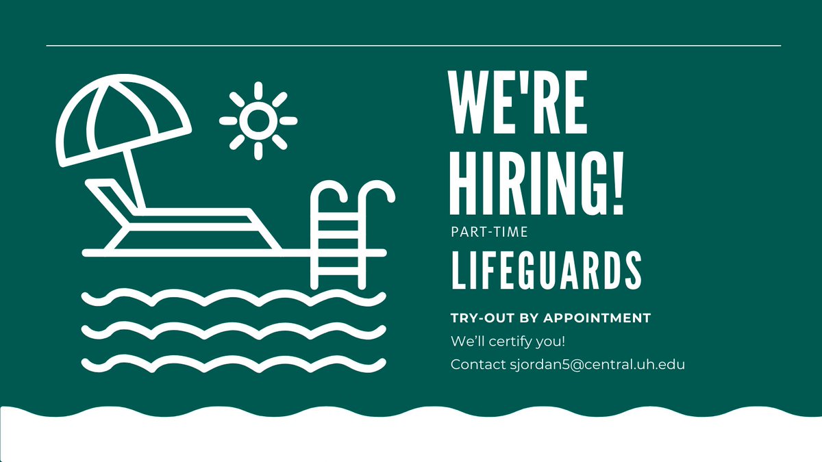 uhrecreation's tweet photo. Looking for a summer job? We're hiring lifeguards with a summer rate starting at $15/hour and we'll certify you! Please contact sjordan5@central.uh.edu for inquiries and to try-out!
#UHRec #Hiring #Lifeguard #GoCoogs https://t.co/966cOisY00