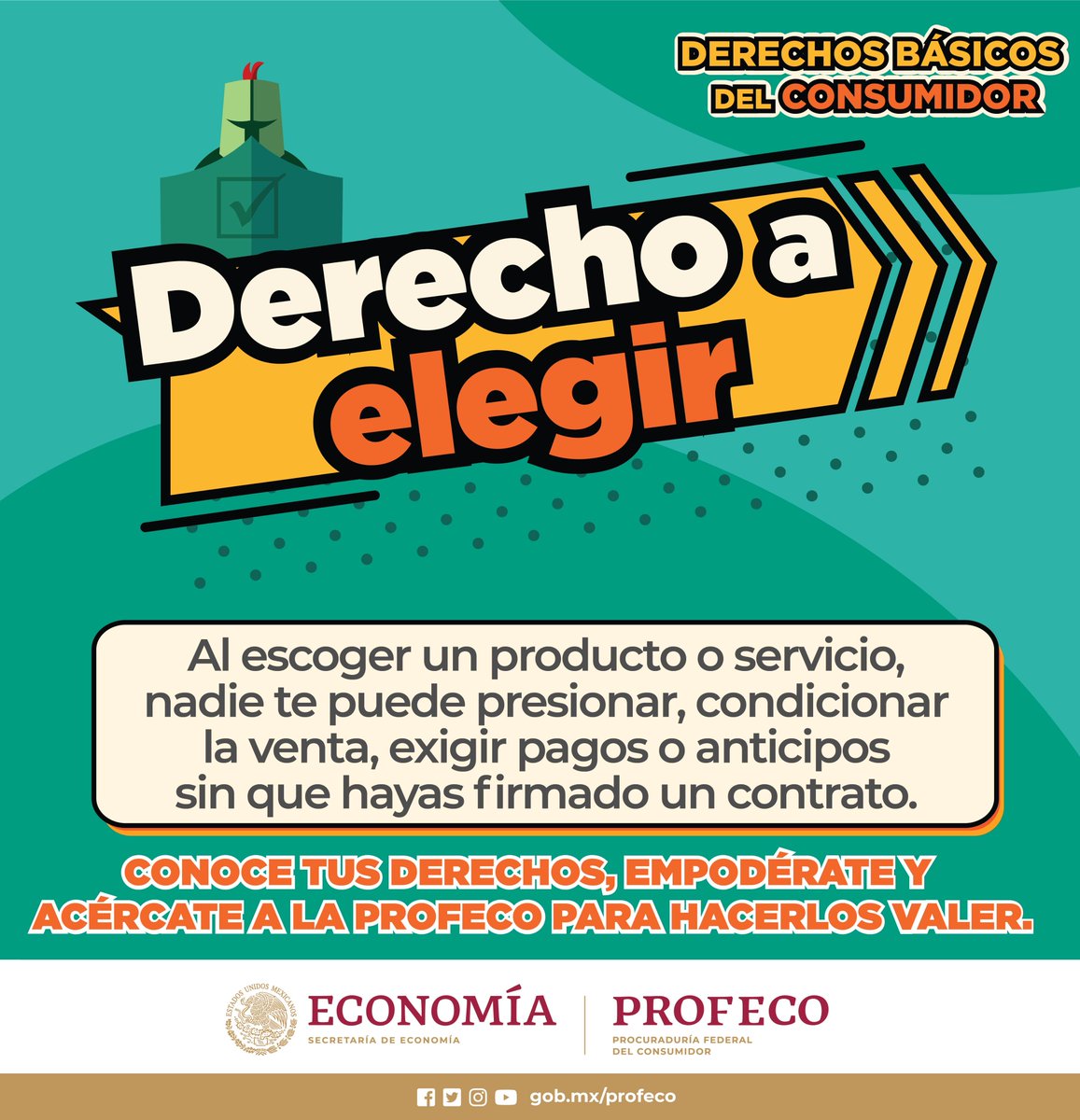 🔴#DerechosDelConsumidor | Al escoger un producto o servicio, ningún proveedor puede: 
 
  ❌Presionarte o condicionarte la venta
  ❌Exigir pagos o anticipos sin antes firmar un contrato
 
 ✅En #Profeco te orientamos y defendemos. 
 
👉 bit.ly/3hUUtdh