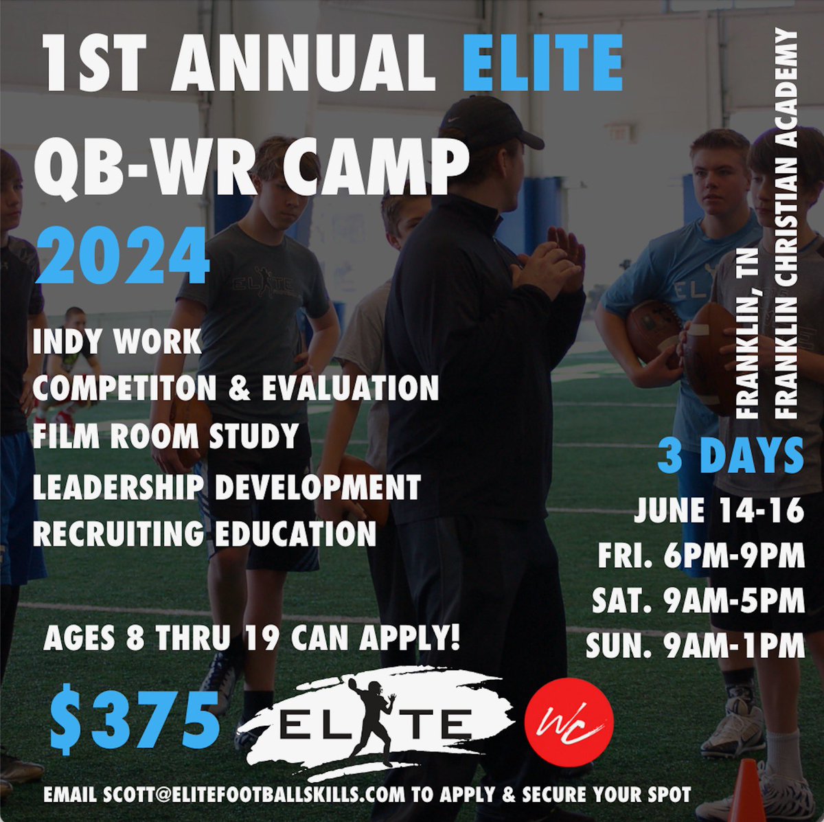 There are just a FEW spots left! Please reach out if you’d like to attend! scott@elitefootballskills.com