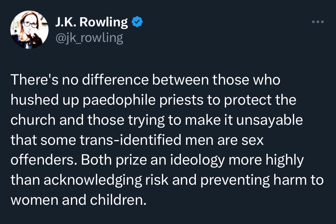 Objecting to Rowling lumping innocent trans women together in a list with sex offenders is NOT the same as denying some trans people have committed sexual offences. The comparison with church abuse cover-ups is absurd and deeply insulting to survivors. Big time gaslighting here.
