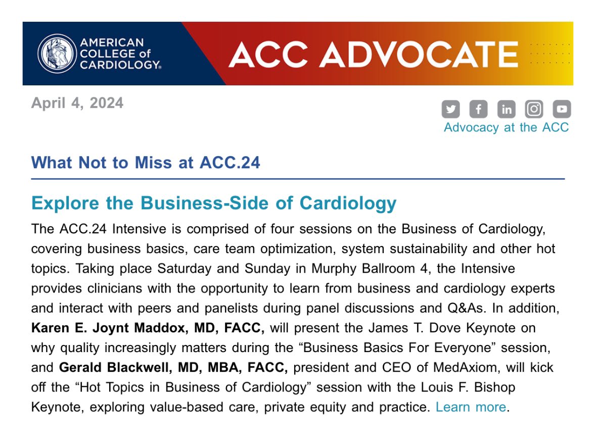 Excited for this intensive! #ACC24 #acc2024 @medaxiom @TaniKahlonMD @husainim @kejoynt Gerald Blackwell, MD, MBA @ACCinTouch @Wharton 

#medicalleadership #businessofmedicine