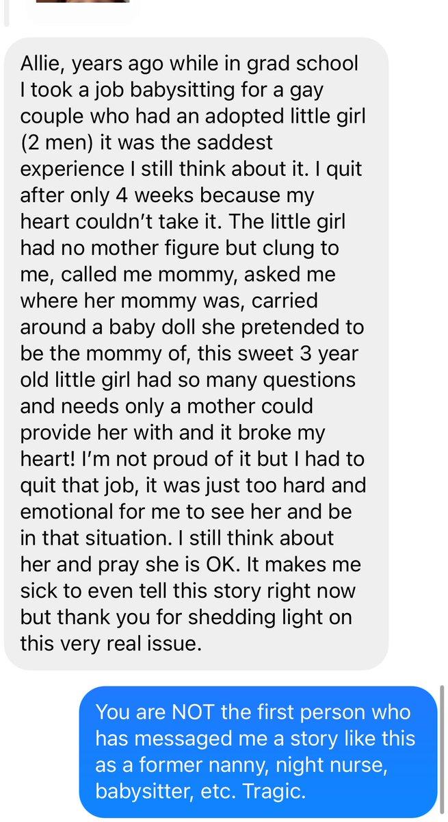 This is not the first time I’ve heard from a nanny, babysitter, night nurse, etc. who cared for a child born via egg selling/surrogacy who was inconsolably sad about having no mommy. Kids know! They always know.