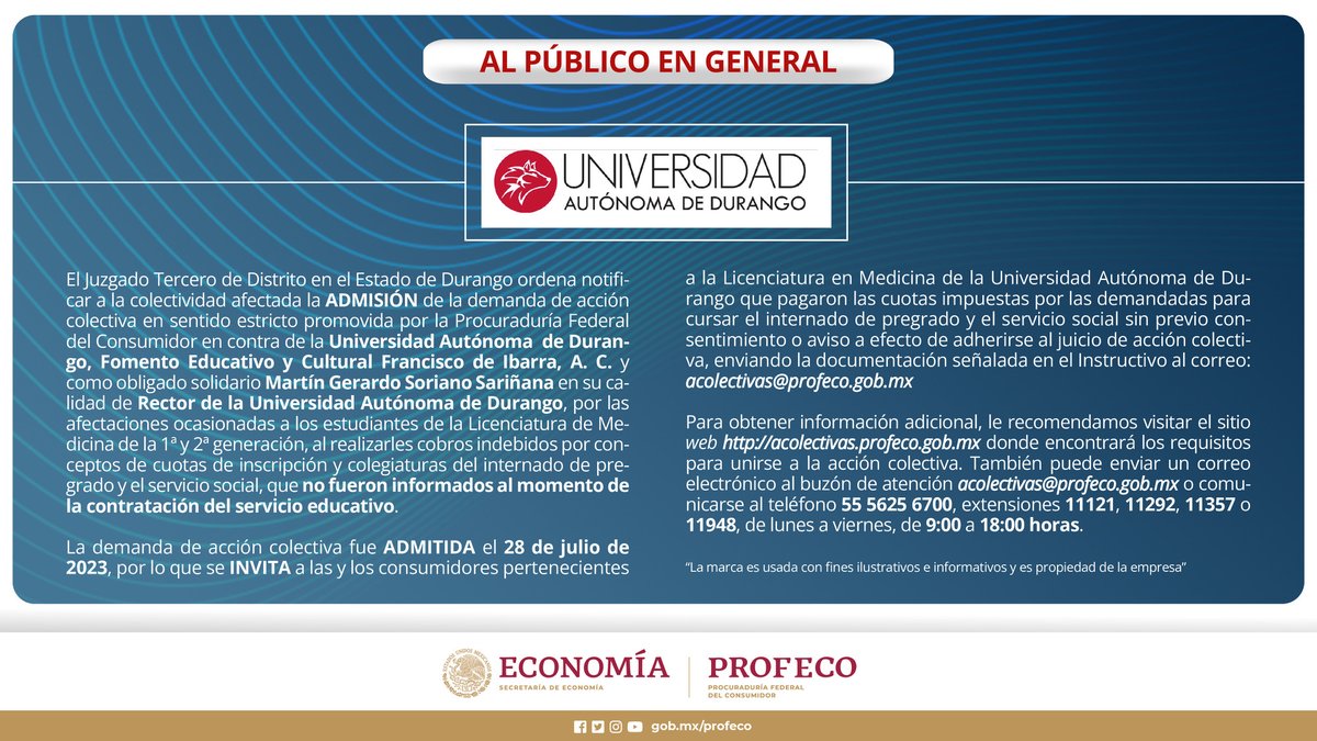 🔵🩺 Si fuiste estudiante de la 1ra. y 2da. generación de la Licenciatura en Medicina de la Universidad Autónoma de Durango, y te realizaron cobros indebidos, ¡adhiérete a la #AcciónColectiva en su contra! ✅Visita acolectivas.profeco.gob.mx y obtén más información.