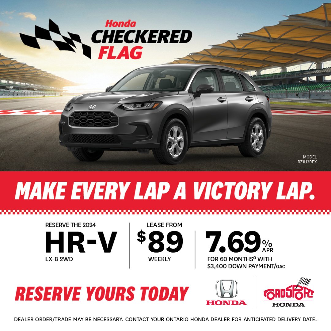 Make evert lap a victory lap at Roadsport Honda! Lease the new 2024 Honda HR-V LX-B 2WD from $89 weekly at 7.69% for up to 60 months with $3,400 downpayment!* 😍 ㅤ Reserve your new 2024 HR-V today! ㅤ #RoadsportHonda #Honda #HondaHRV #HRV *(+Tax and Lic Fees