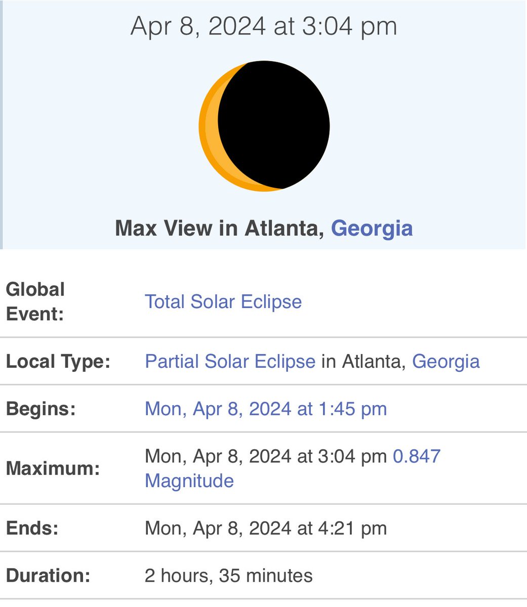 Atlanta friends, below is eclipse info! 😊 Be sure to have safety glasses! 👓 #TotalSolarEclipse #Eclipse24